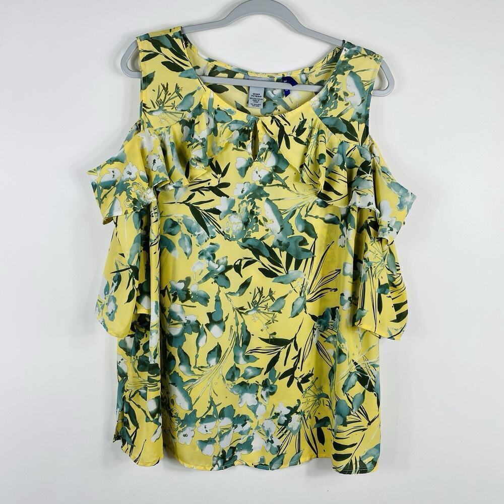 Catherines Plus Size 0X Petite Floral Print Cold Shoulder Blouse Top Yellow